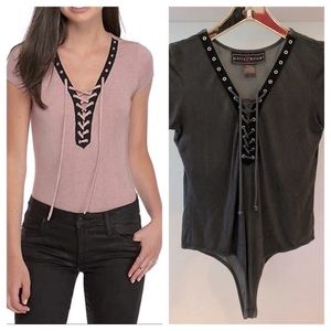 Polly & Esther Bodysuit Lace Up GREEN Sz L NWOT